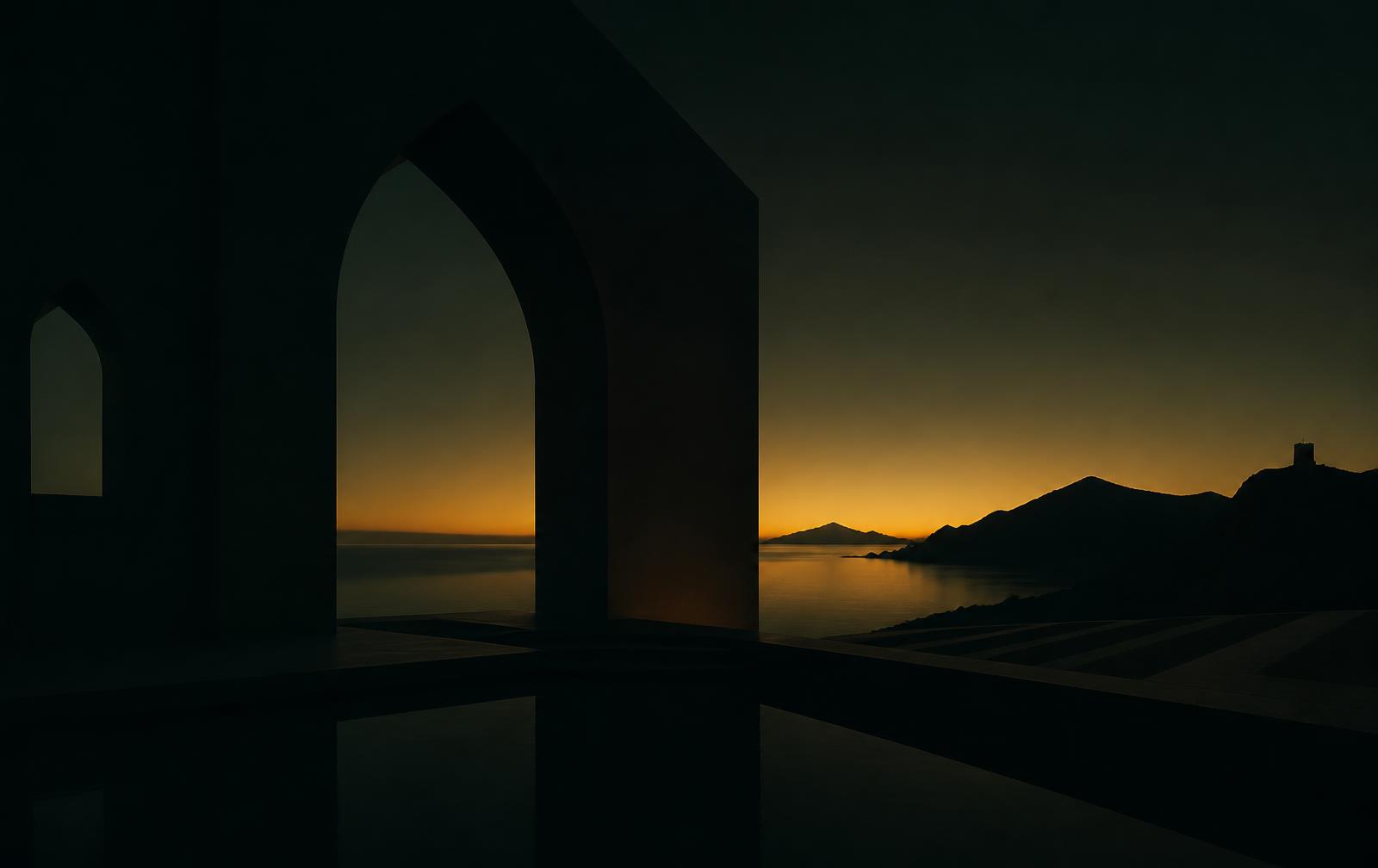 Darkened Muscat coastline at dusk seen through an architectural arch